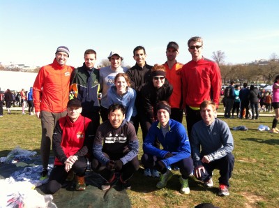 Twelve of the twenty eight members of WRC's six teams racing together at the 2013 Cherry Blossom 10 Miler. They are the 43 percent! (L-R) Front: John Kendra, Daniel Yi, Chris Pruitt, Kirk Masterson. Middle: Madeline Harms, Michaela Corr. Top: Kit Wells, Geoff King, Ben Stutts, Nelson Paz, David Pittman, Drew Killian. Photo by Jen Maranzano.