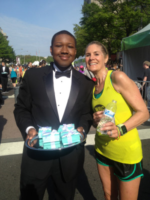 Carla Freyvogel met this handsome fellow in his running club tuxedo, bearing Tiffany Blue breakfast hors d'oeuvres. Photo courtesy of W.T.F.