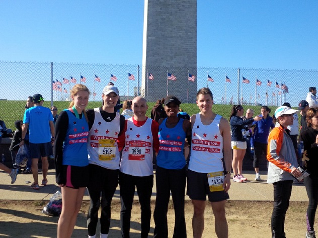 Feeling cheery after the 2014 Cherry Blossom 10 Miler! WRCers L-R: Kendall Taylor, Ben Stutts, Jesse Frantz, Julia Taylor, and Pat O'Keefe.